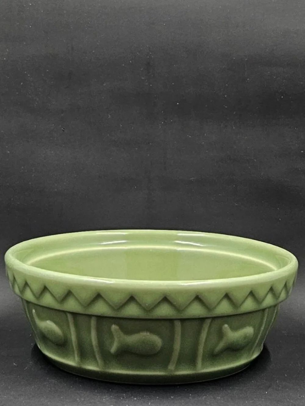Green Ceramic Cat Bowl embossed fish motif
